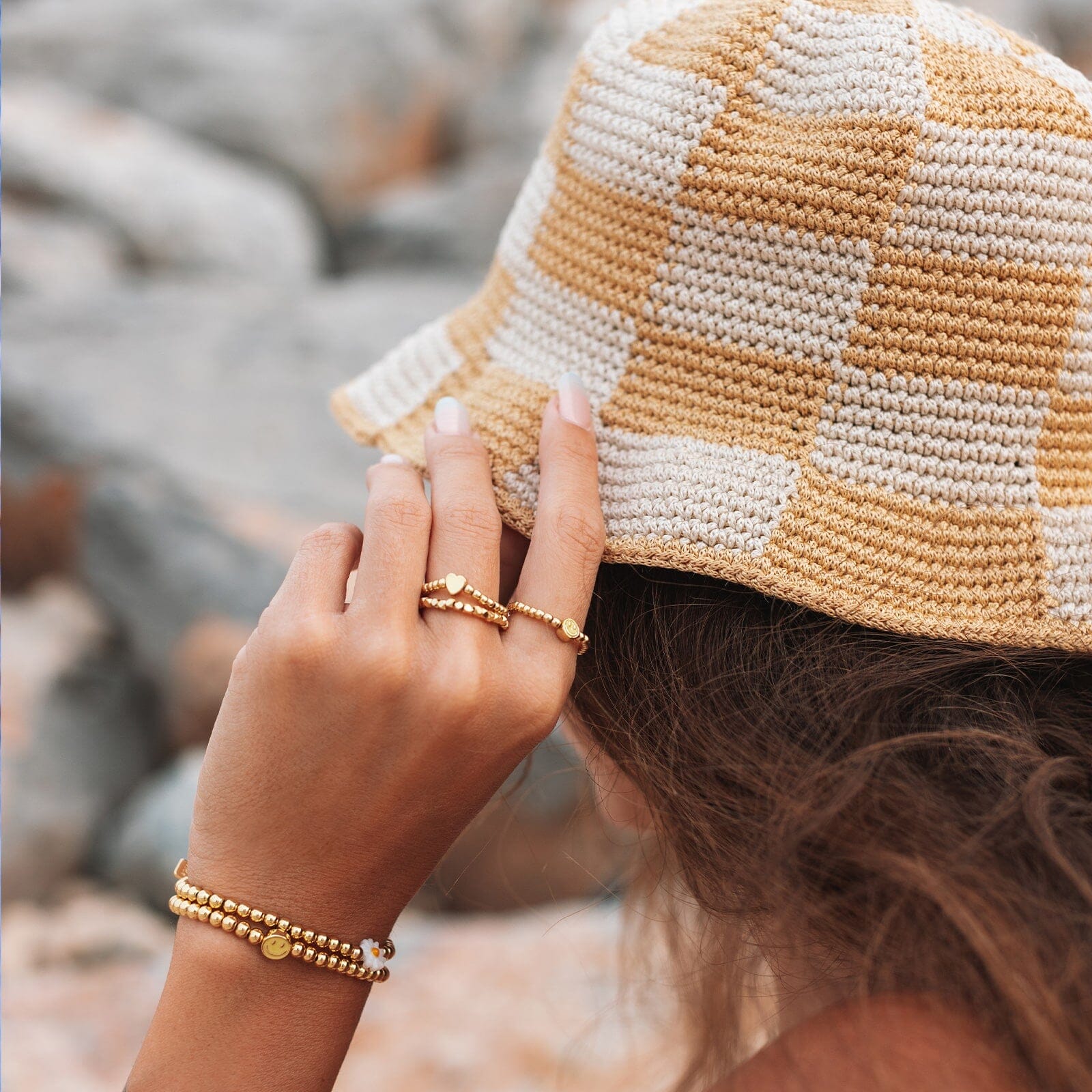 Happy Face Gold Bead Stretch Ring