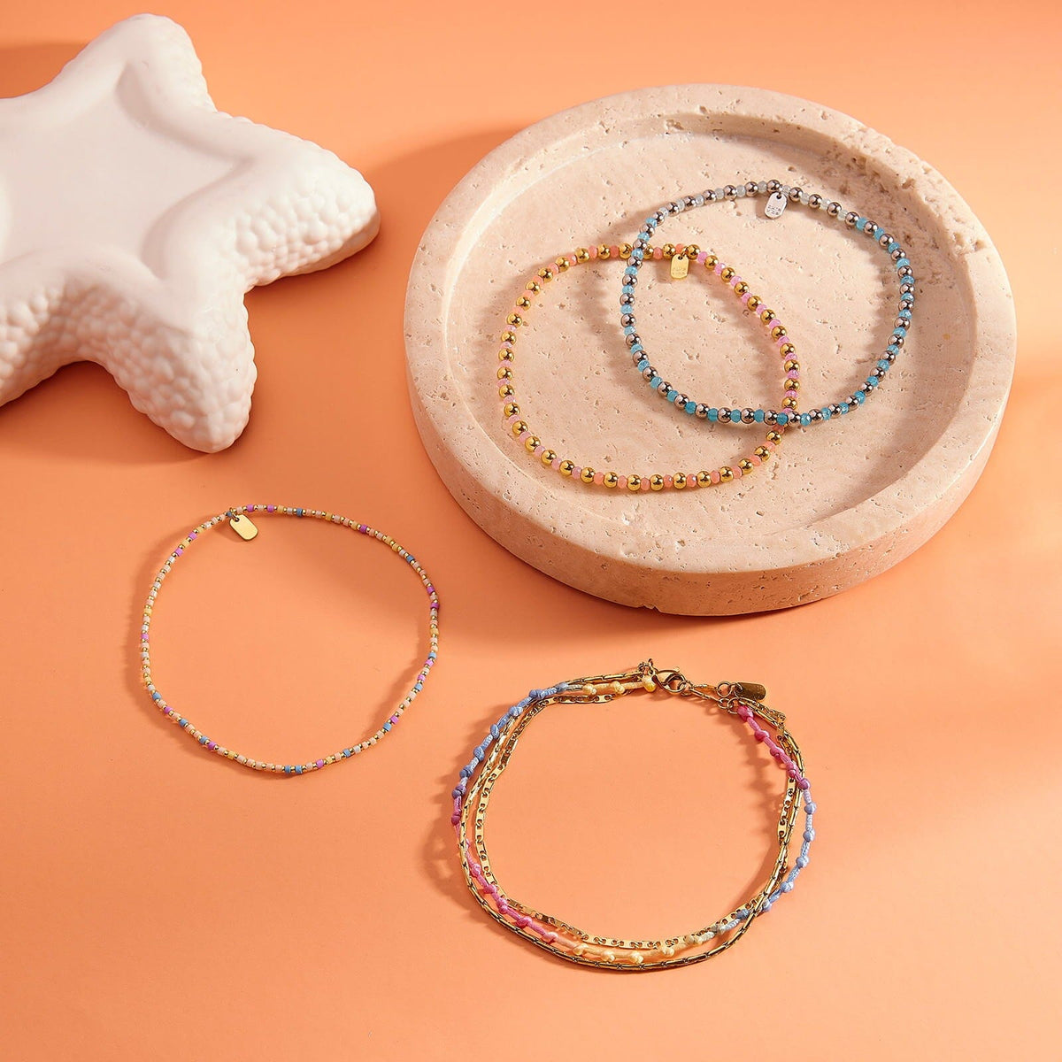 Ball Bead and Stone Stretch Anklet